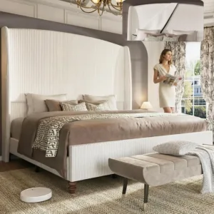 65.7" Tall Headboard King Size Upholstered Wingback Bed Frame, Cream, Custom