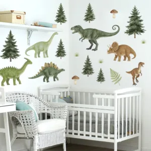 Watercolor Dinosaur Forest Wall Decals Pine Tree Mushroom Jungle Stickers Removable Vinyl Art for DIY Kids Bedroom Nursery Decor