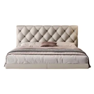 xx-Modern Light Luxury Leather Suspended Bed Moon Surface Design Button Tufted Upholstered Double Bed for Master Bedroom&