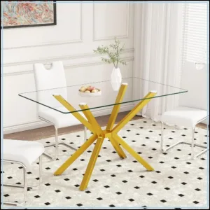 Tempered Glass Dining Table, Rectangular with Metal Legs, Golden, 47.24"