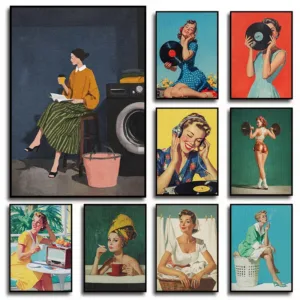 Retro 1950s Trendy Woman Laundry Cozy Breakfast Coffee French Kitchen Poster Canvas Painting Wall Pictures Home Decor Gift