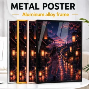 Girl In Kimono Walking At Night Framed Metal Print Customized Photo Manga Style Wall Art For Home Office Memorable Player Gift