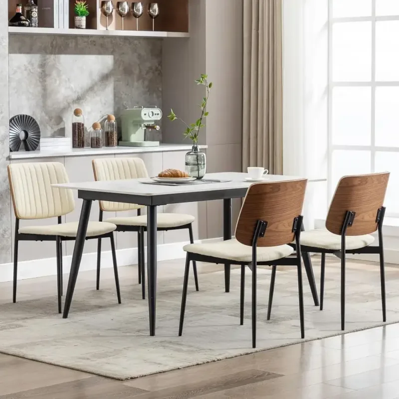 Modern Dining Chairs Set of 4 with Upholstered Seats and Adjustable Metal Legs (Beige)