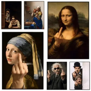 Mona Lisa Middle Finger Renaissance Parody Wall Art Prints Funny Famous Painting Movie Prank Canvas Poster Decoration