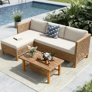 Beige 3-Piece Outdoor L-Shaped Wicker Sectional Sofa Set with Acacia Wood Coffee Table