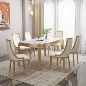 Luxuriously Designed Home Dining Furniture,in White And Gold, High-quality Custom Chairs, Modern Dining Table Set, For 6 People.