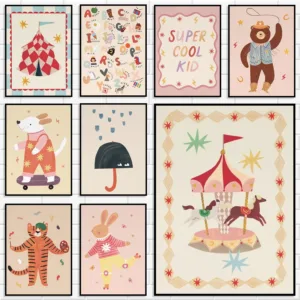 Baby Shower Gift Whimsical Cartoon Circus Canvas Painting Neutral Pastel Bear Tiger Rabbit Alphabet Merry Go Round Wall Decor