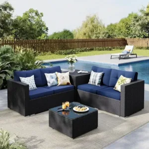 4-Piece Outdoor Wicker Patio Sectional Sofa Set with Navy Blue Cushions, Storage, and Glass Coffee Table for Backyard Relaxation