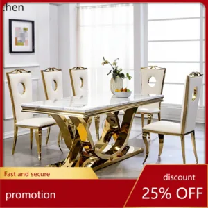 HT Dining Table Rectangular Minimalist Postmodern Marble Household Stainless Steel Dining Table and Chair Set