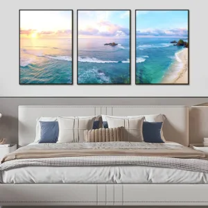 3PCS Frameless Sunset Ocean Seascape Canvas Painting for Living Room Blue Sea White Beach Picture Seascape Wall Art Decorative