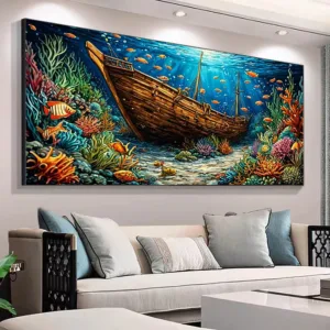 Diy Diamond Painting Kits Underwater Boat Fish Large Size Scenery Full Drill Sea Animals Mosaic Embroidery Picture Wall Decor