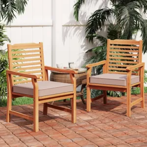 2 Pieces Acacia Wood Outdoor Dining Chairs with Cushions, Patio Oil Finished Wooden Armchairs Set of 2, Natural, Customized