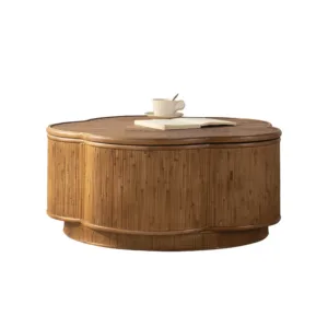 Flower-Shaped Rattan Coffee Table with Lift-Off Lid Storage, Boho-Chic Style, Artistic Petal Silhouette, No Assembly Required, Hidden Storage Center Table for Cozy Living Rooms, Compact Spaces, Coastal Modern Decor