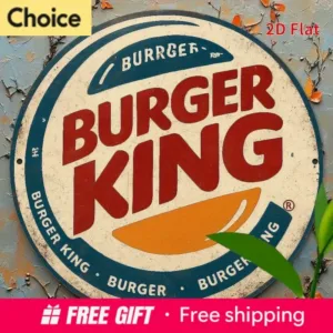 2D Flat "Vintage Burger King Logo" Retro Round Metal Tin Sign - Classic Fast Food Themed Wall Decor, Distressed Red & Blue Ar