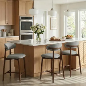 Counter Height Bar Stools Set of 3, Ergonomic Full Back & Wide Upholstered Fabric Kitchen Island Chairs, Mid Century, Custom