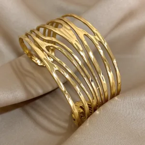 Irregular Geometric Hollow Stainless Steel Cuff Bracelet Exaggerated Gold Silver Color Wide Open Bangles Waterproof Jewelry