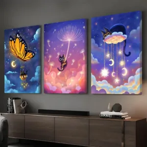 Dreamy Moonlight Cat Fantasy Framed Wall Painting HD Canvas Wall Art Print | Optional Frame | Modern Hallway Home Wall Decor