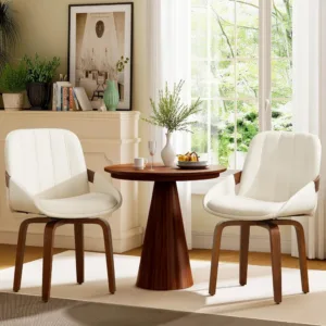 Swivel Dining Chairs Set of 2, White Leather Dining Room Chairs | Mid Century Modern Upholstered Kitchen Vanity, Customized