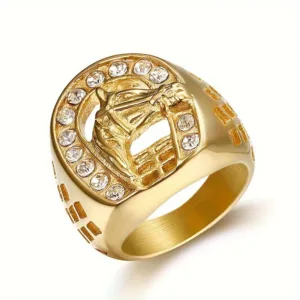 1 pcs Hip Hop Stainless Steel gold color Jockey Club horseshoe horse Ring with rhinestone for men gift jewelry