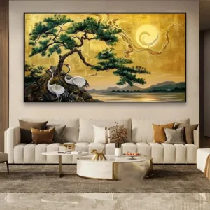 Chinese Style Golden Mountain Pine Tree Crane Poster and Prints Canvas Painting Wall Art For Living Room Home Decor No Frame