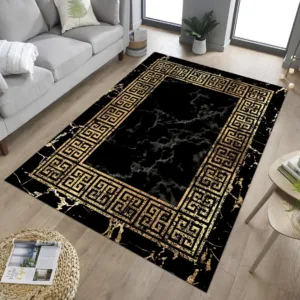 Luxury Black Gold Greek Key Area Rug Marble Print Border Carpet – Soft Non-Slip Floor Mat for Living Room Bedroom Elegant Decor