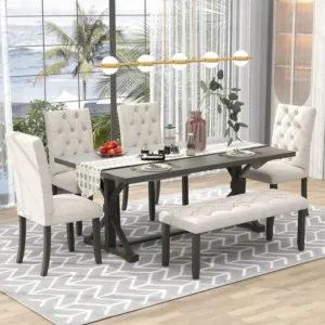 (XMSJ-Hot)6 Piece Kitchen Dining Table Set, 72 inch Wooden Rectangular Table with 4 Upholstered Chairs and a Bench, Dining Room