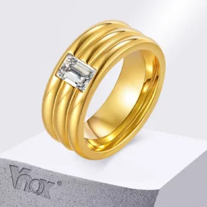 Vnox Three-layer Rectangular White Zircon Golden Ring Stainless Steel Engagement Rings for Men Women Thick Band Anniversary Gift