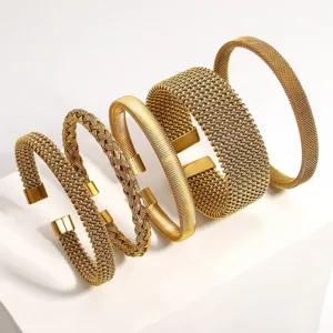 Vintage Gold Plated Stainless Steel Weave Bracelet for Women Men Exquisite Chunky Cuff Bangle Bracelets Waterproof Jewelry
