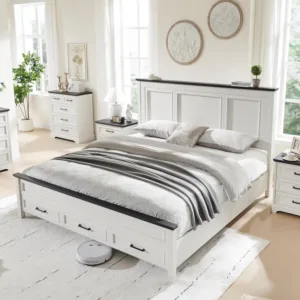 Farmhouse King Wood Bed Frame with 52" Tall Headboard & 20" H Footboard, Platform Bedframe with Hidden Storage, Customized
