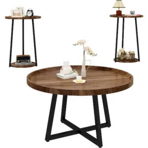 Round Coffee Table and End Table Set of 3, Walnut Vintage Living Room Furniture, Easy Assembly