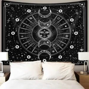 1pc Vibrant psychedelic sun and moon tapestry, used for bedroom decoration with black and white mandala pattern wall hanging