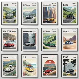Classic GT40 Cars Bmw E30 and Ford Car Cartoon Retro Poster Canvas Paintings Wall Art Pictures Home Decor
