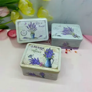 Vintage Lavender Floral Metal Rectangular Storage Tin Box with Snap-On Lid Decorative Jewelry & Office Organizer for Desk Vanity