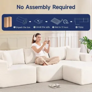 108" Cloud Couch Sectional, Boneless L-Shaped Sofa, Beige, Chaise Ottoman | No Assembly Required, Easy to move around