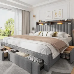 EnHomee Upholstered King Size Bed Frame with 4 Storage Drawers, 2-Tier Storage Headboard, Platform Bed Frame with Wooden Slats