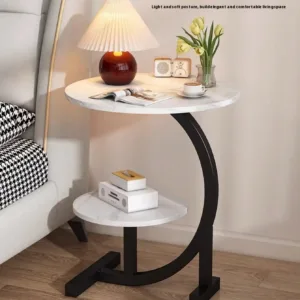 Round C Shaped Side Table Modern Faux Marble End Table 2 Tier Coffee Table Metal Frame Space Saving Small Bedside Table Nightstand Unit For Living Room Sofa Couch Bedroom Balcony Housewarming Gift