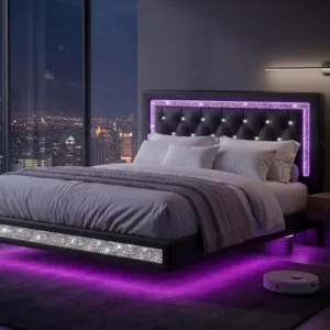 Floating Bed Frame Queen with LED Lights, Faux Leather Upholstered Bed Frame with Diamond Tufted Headboard, Solid, Customized