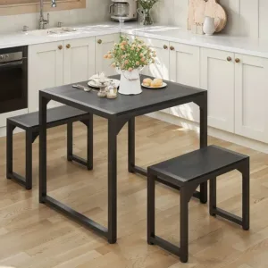 Dining Table Set For 2, Dining Tables With Chairs - Kitchen Table Set For 2 With Steel Frame, Desk With 2 Benches For Small Space, Space Saving Dining Table Set For Restaurant, Kitchen, Living Room