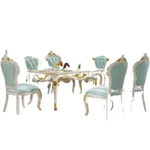 European Style Long Dining Table Set Solid Wood Frame Leather Chairs Marble Top 1 Table 6 Chairs Household Furniture for