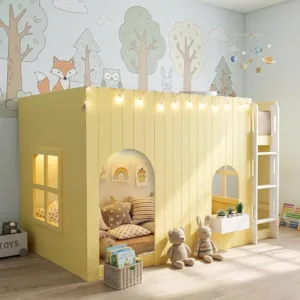 Kids Low Loft Bed with Shelves,LED and Under-Bed Play Area,Full Size Solid Wood Country House Loft Bed Frame with, Customized
