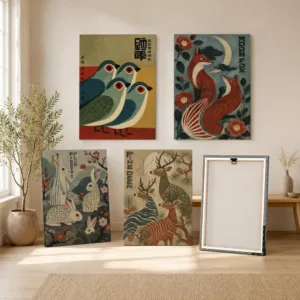 Mid-Century Japanese Bird Art Framed Wall Painting Ready to Hang Framed Canvas Art Set of 3 Poster for Room Bedroom Home Decor