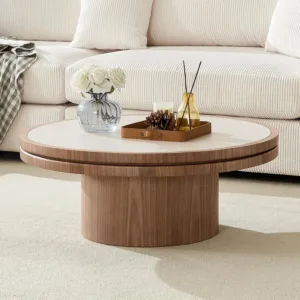 35.43 Inch Round Coffee Table with Travertine Texture Sintered Stone Top, Mid-Century Modern Pedestal Center Table,, Customized