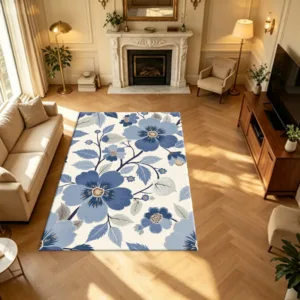 Retro Blue Floral Botanical Carpet Flooring Cream Base Tone Flower Leaf Print Household Living Indoor Decor Area Rug