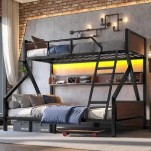 Twin XL Over Queen Bunk Bed with Storage Shelves, Black Twin Metal Bunk Bed Frame for Kids Teenagers Adults, Space Saving Design