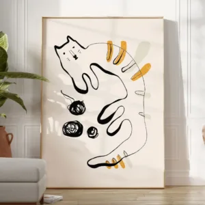 Boho Abstract Cat Line Art Wall Decor - Modern Minimalist Illustration of a Curvy Cat with Black Lines, Mustard Yellow and Sage