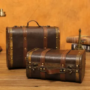 Antique style Wooden Storage Box Medieval Suitcase Treasure Chest Necklaces Art Collection Jewelry Organizer Gift Box With Lock