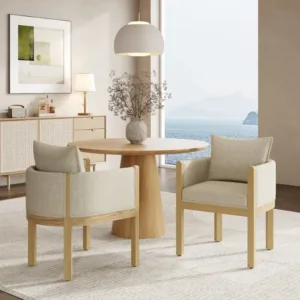 Linen Upholstered Armchair with Natural Rubber Wood Legs in Beige Set of 2