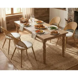 Set of 4 Rattan Dining Chairs with Leather Cushions and Adjustable Footrests, Boho Style Upholstered, White