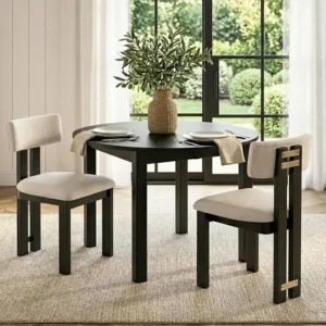 Beige Fabric Upholstered Dining Chairs Set of 2 with Black Wooden Legs and Curved Back Accent Chairs for Kitchen or Living Room