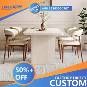 Any Size Custom Mid Century Retro Travertine Dining Set Solid Wood Upholstered Chairs Stable Load Family Home Dining Furniture